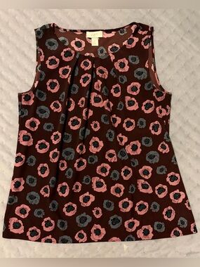 LOFT Brown Sleeveless Floral Blouse with Pink and Gray Flowers